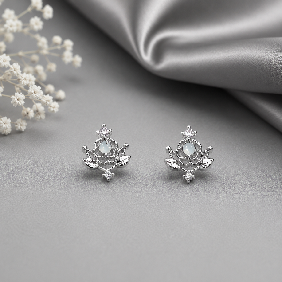 Silver Floral Blue Stone Stud Earrings for Women