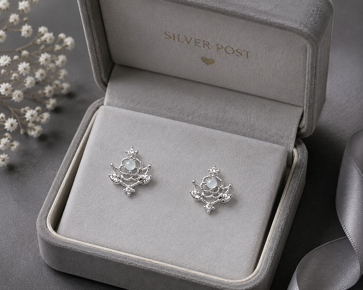 Silver Floral Blue Stone Stud Earrings for Women