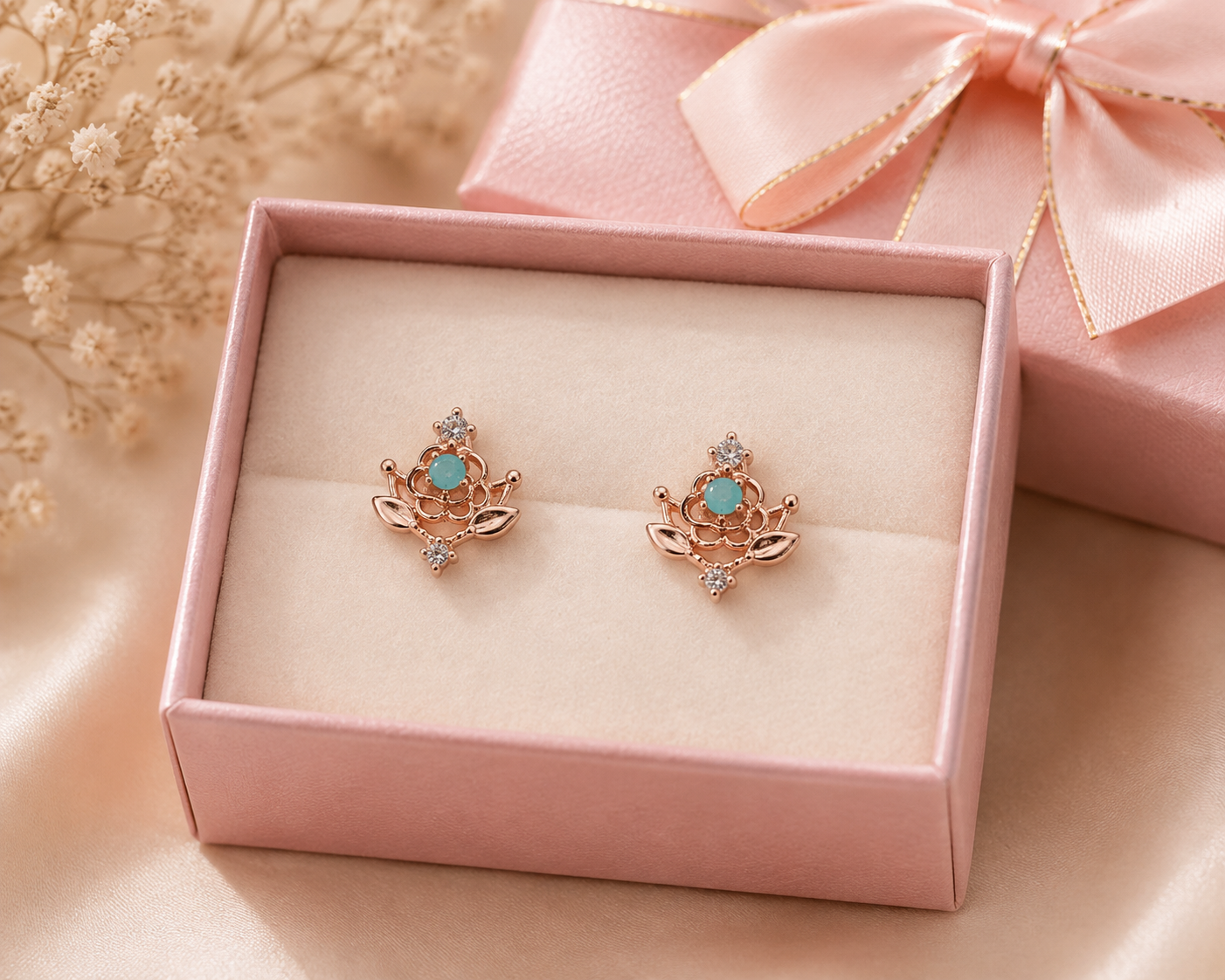 Rose Gold Floral Blue Stone Stud Earrings for Women