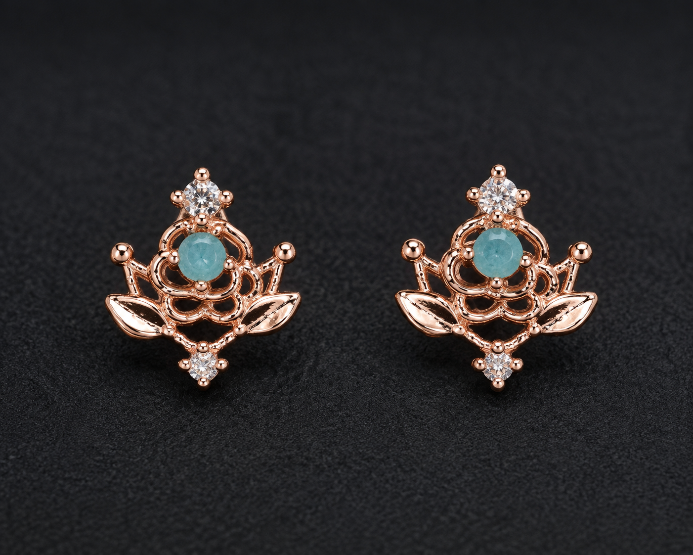 Rose Gold Floral Blue Stone Stud Earrings for Women