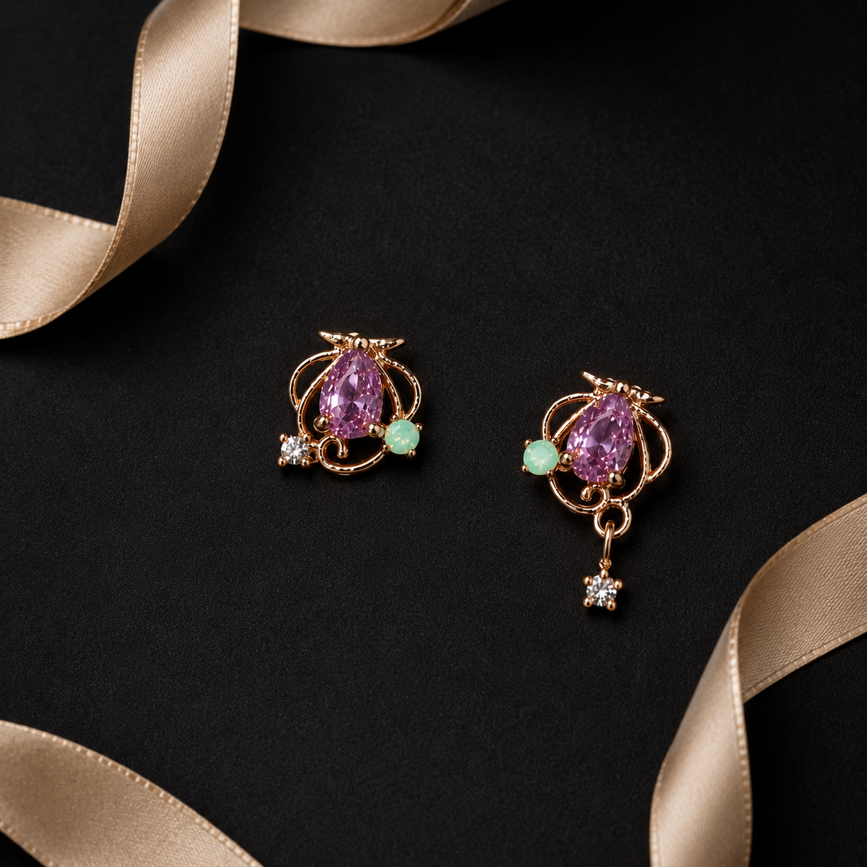 Rose Gold Purple Crystal Floral Stud Earrings with Mint Green Stones