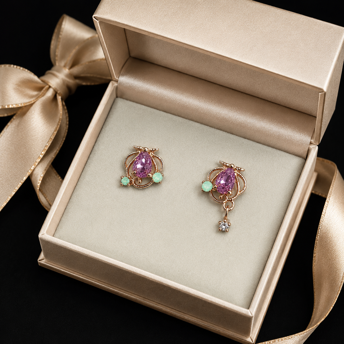 Rose Gold Purple Crystal Floral Stud Earrings with Mint Green Stones