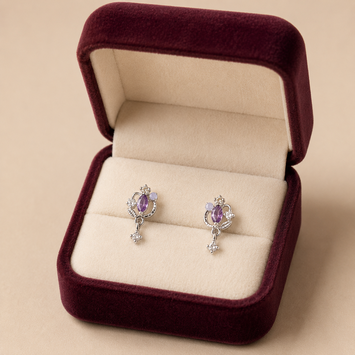 Silver Purple Crystal Floral Drop Earrings for Women