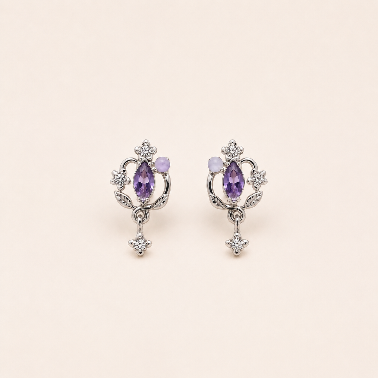 Silver Purple Crystal Floral Drop Earrings for Women