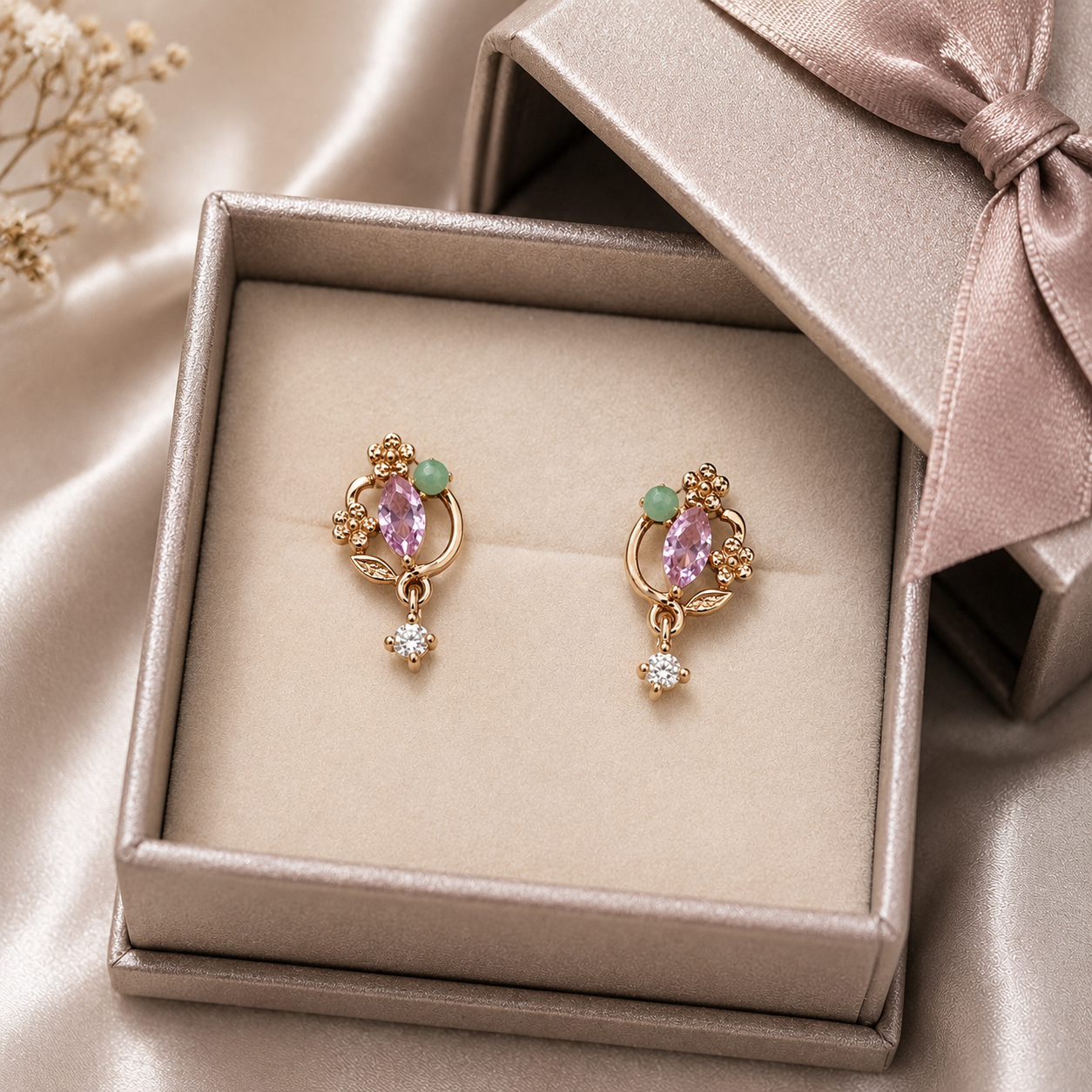 Rose Gold Purple & Green Floral Crystal Drop Earrings