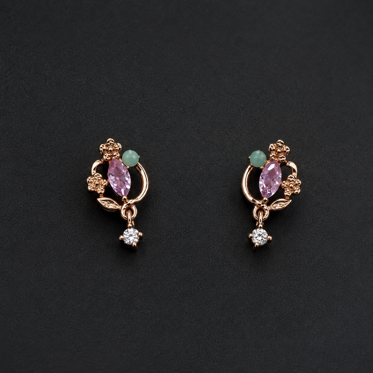 Rose Gold Purple & Green Floral Crystal Drop Earrings