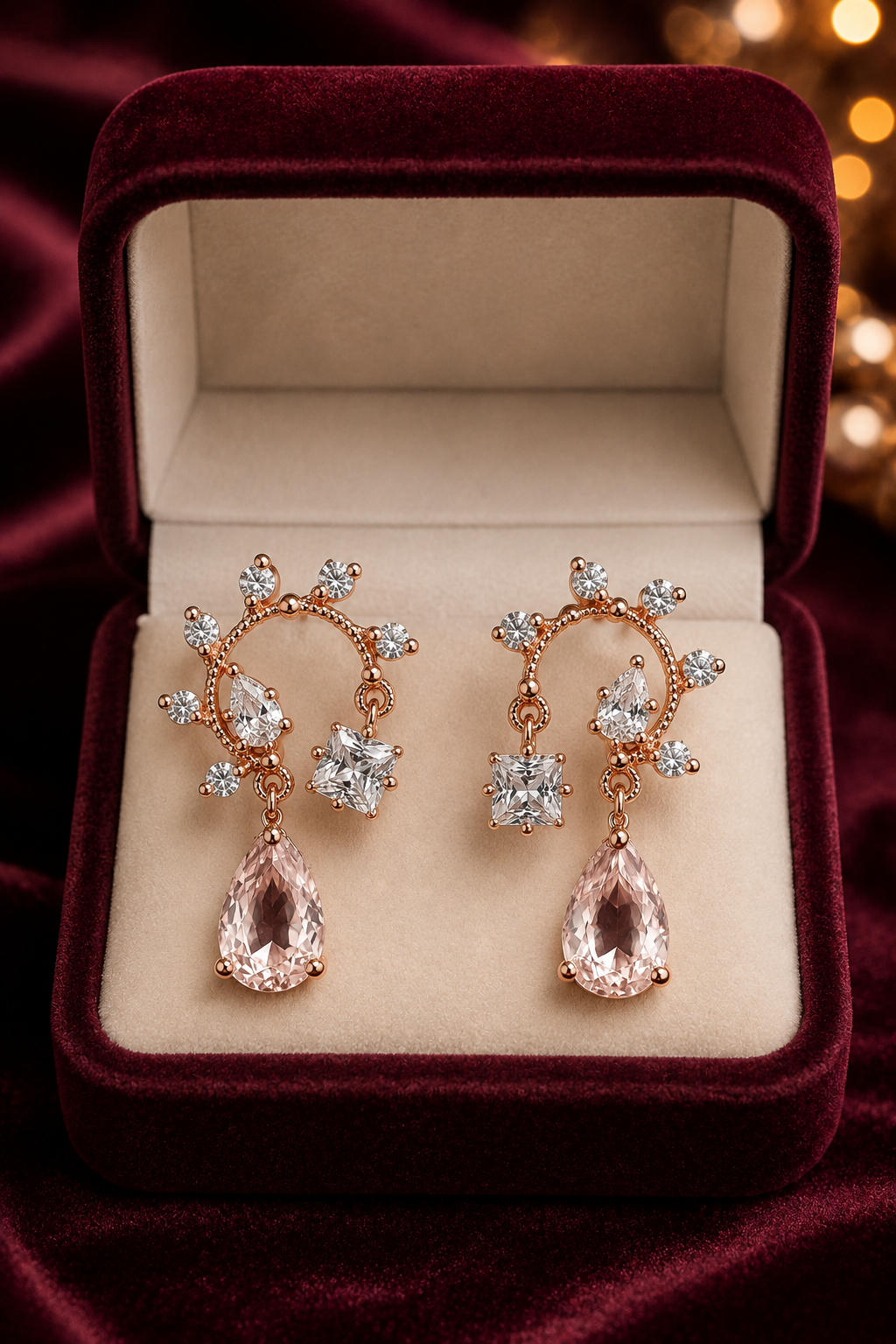 Rose Gold Crystal Vine Teardrop Statement Drop Earrings