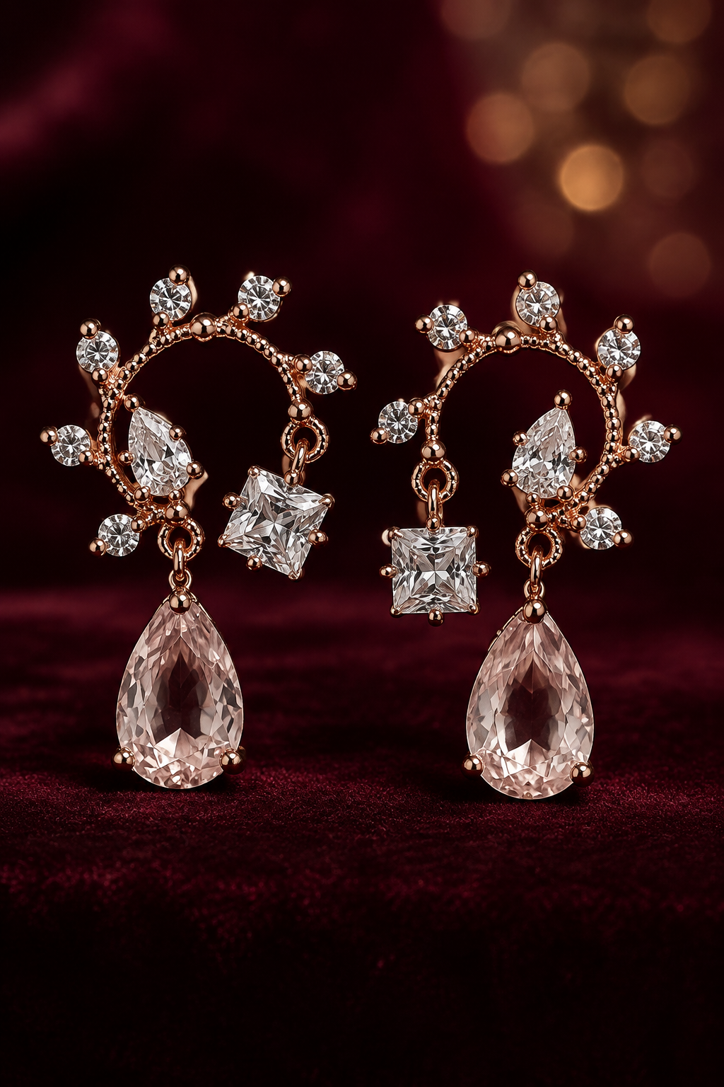 Rose Gold Crystal Vine Teardrop Statement Drop Earrings