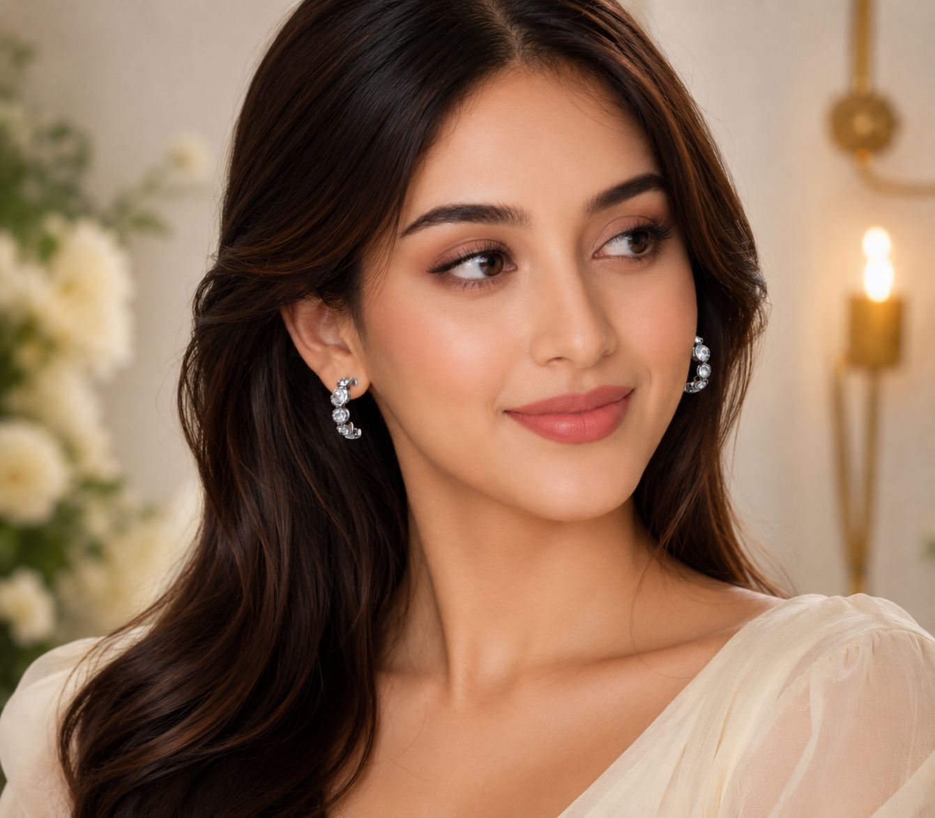 Silver Crystal C-Shaped Hoop Earrings for Women