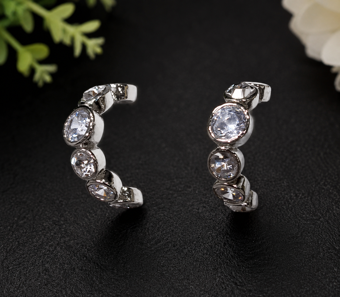 Silver Crystal C-Shaped Hoop Earrings for Women