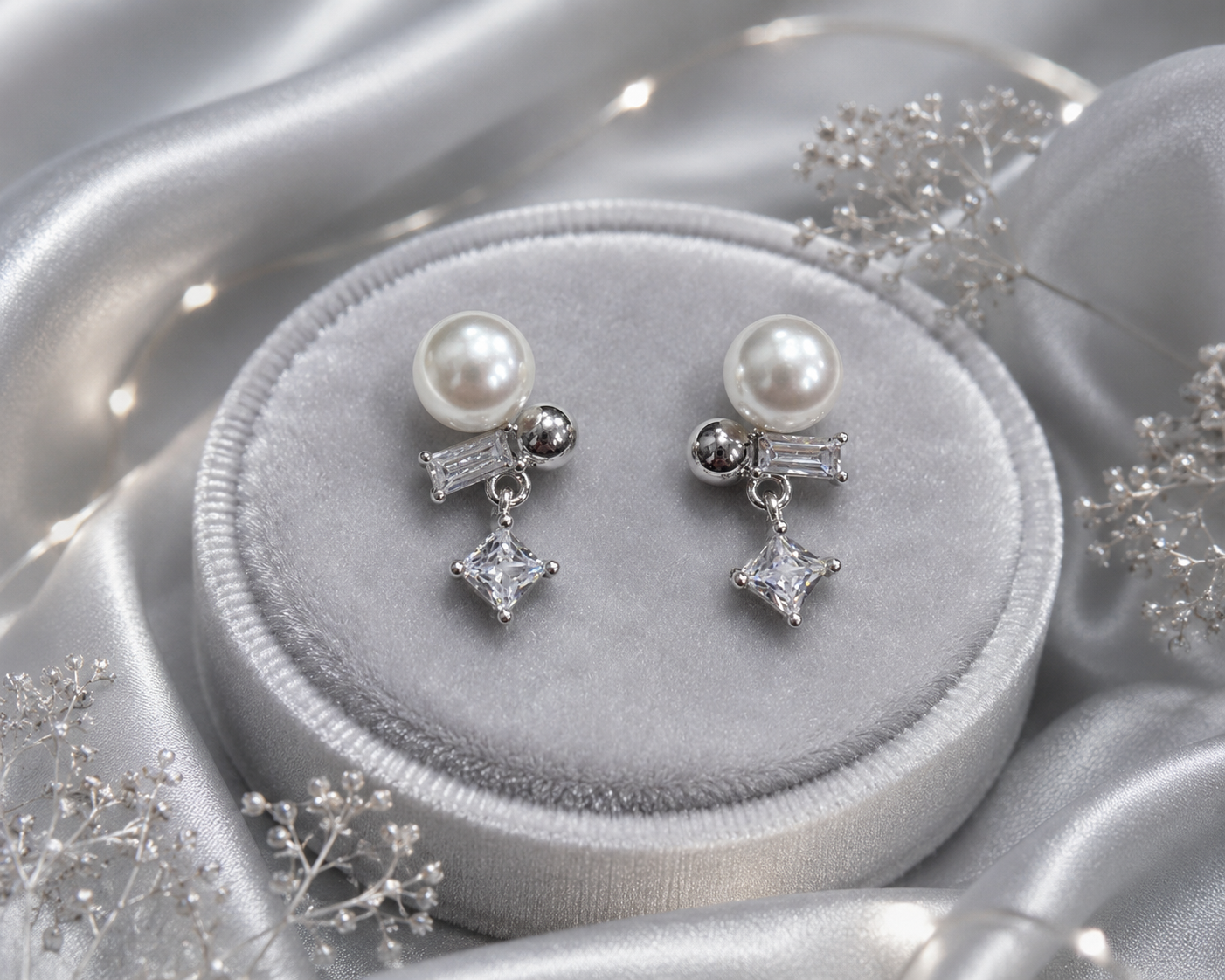 Pearl & Crystal Geometric Drop Stud Earrings