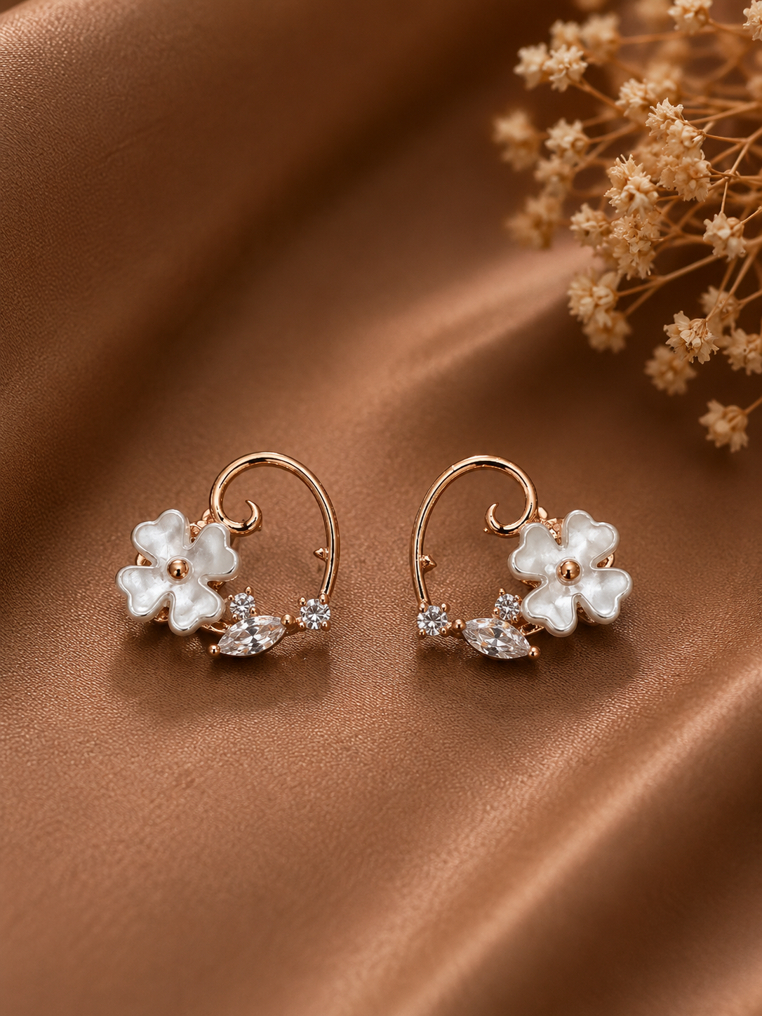 Floral White Flower Crystal Hoop Earrings