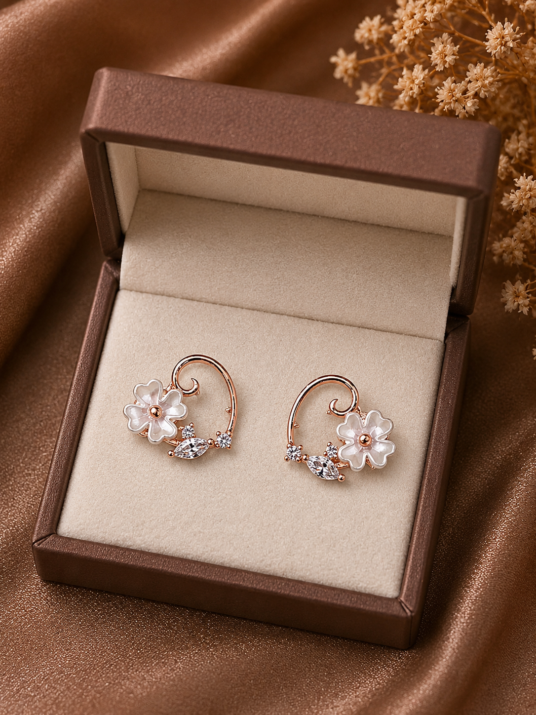 Floral White Flower Crystal Hoop Earrings