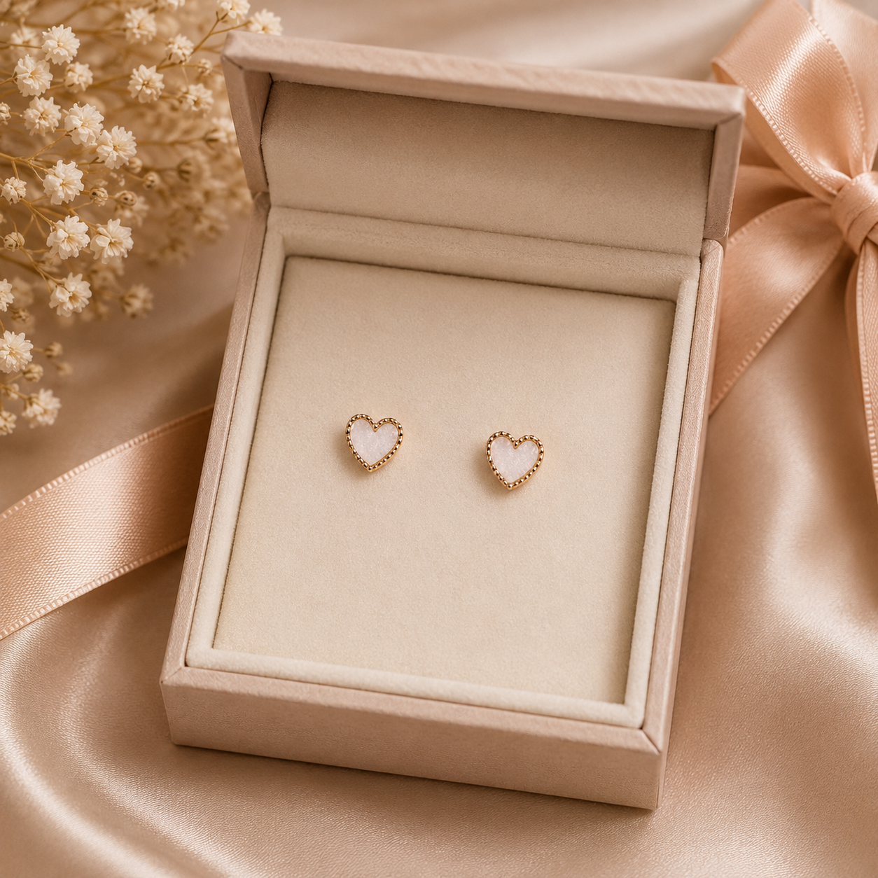 White Heart Stud Earrings with Crystal Border