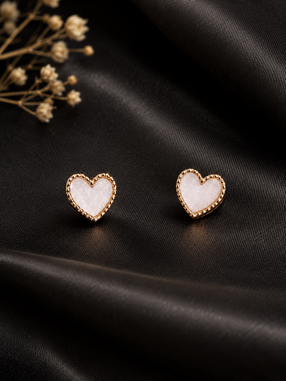 White Heart Stud Earrings with Crystal Border