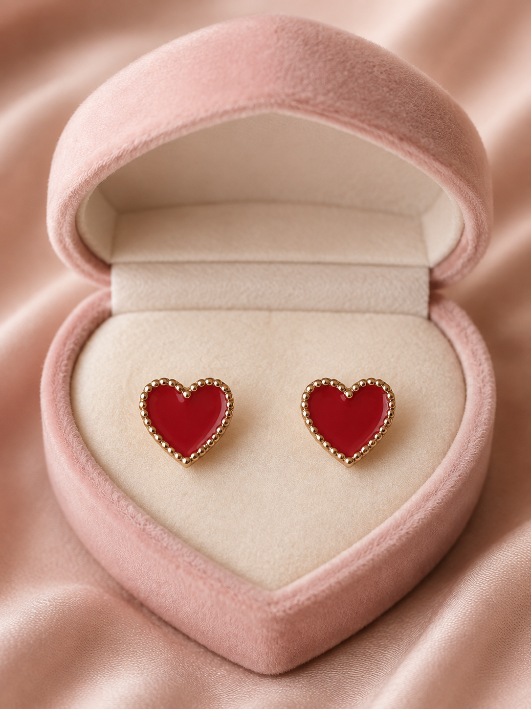 Red Heart Stud Earrings with Crystal Border