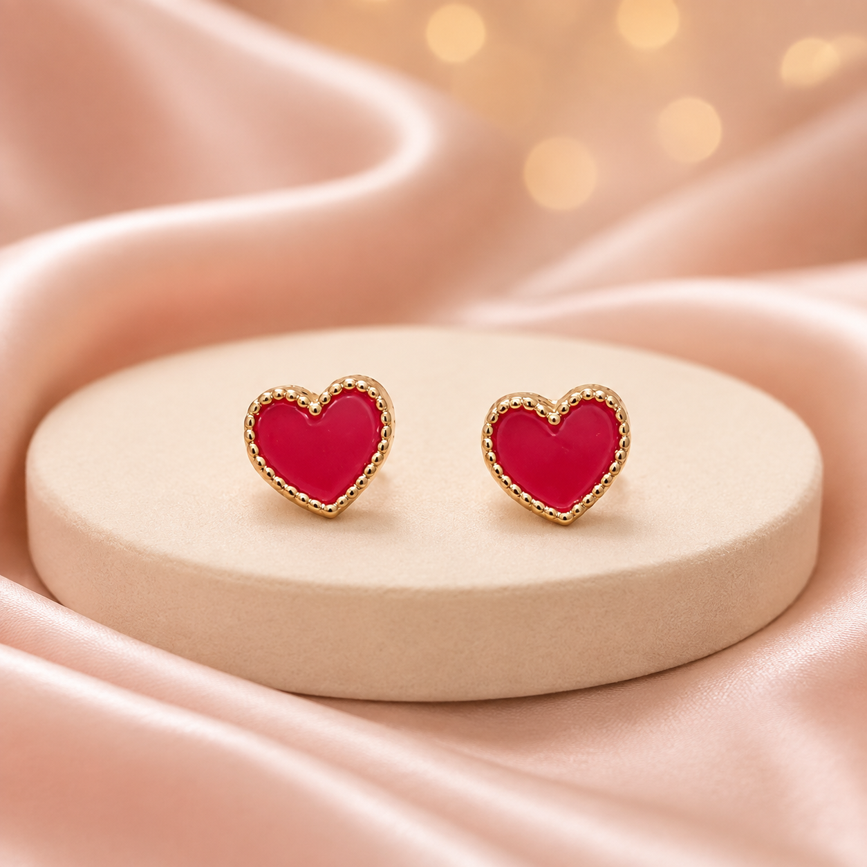 Red Heart Stud Earrings with Crystal Border