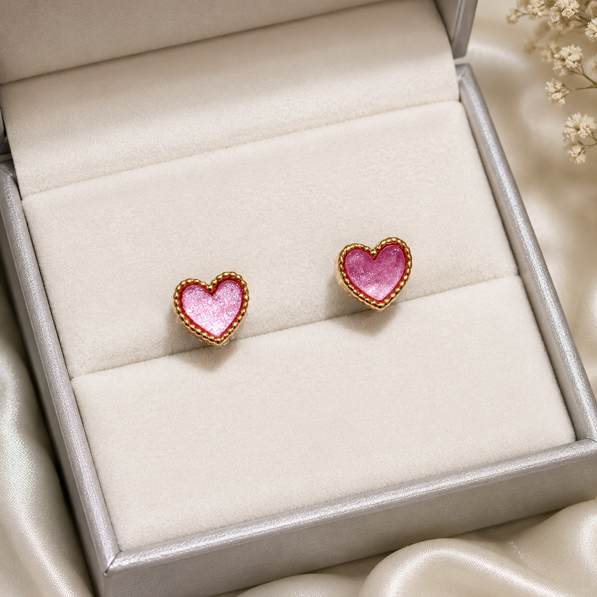 Pink Heart Enamel Stud Earrings