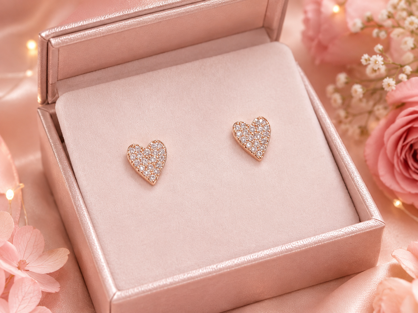 Rose Gold Heart Stud Earrings with Sparkling Crystals