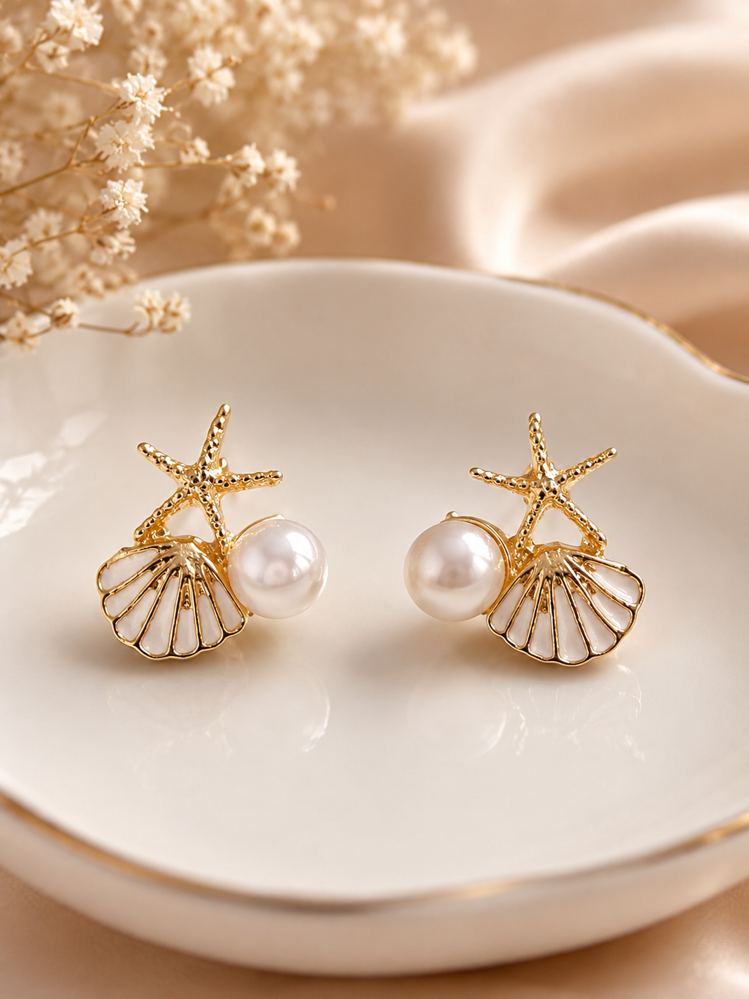 Pearl Starfish & Seashell Stud Earrings