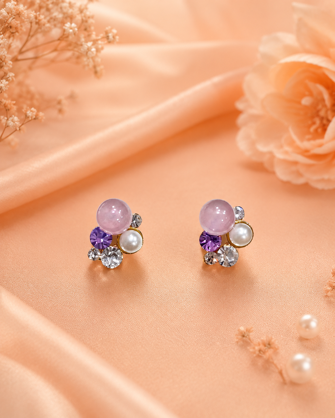 Multicolor Pearl & Crystal Cluster Stud Earrings