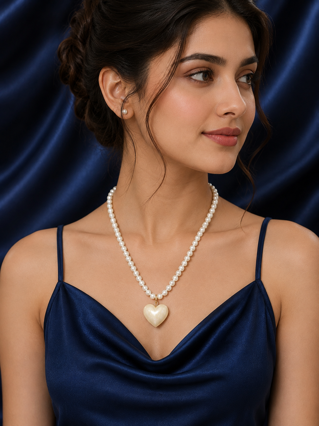 Elegant Pearl Short Necklace with Cream Heart Pendant
