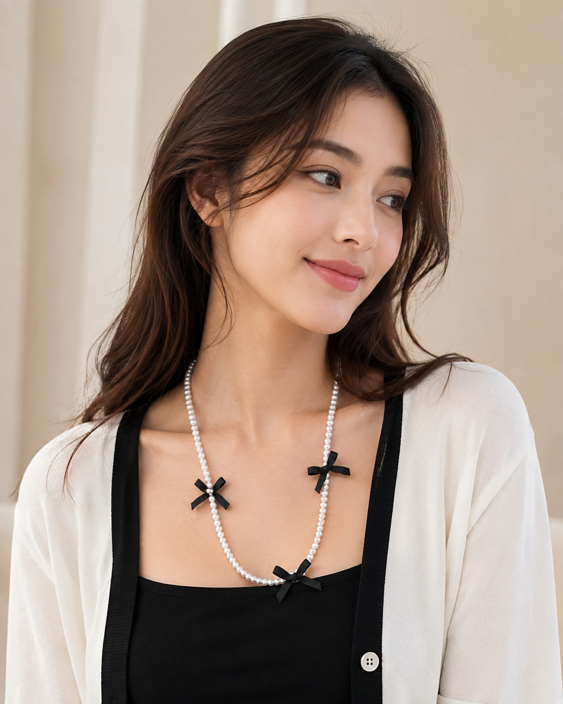 White Pearl Beaded Necklace with Black Bow Charms