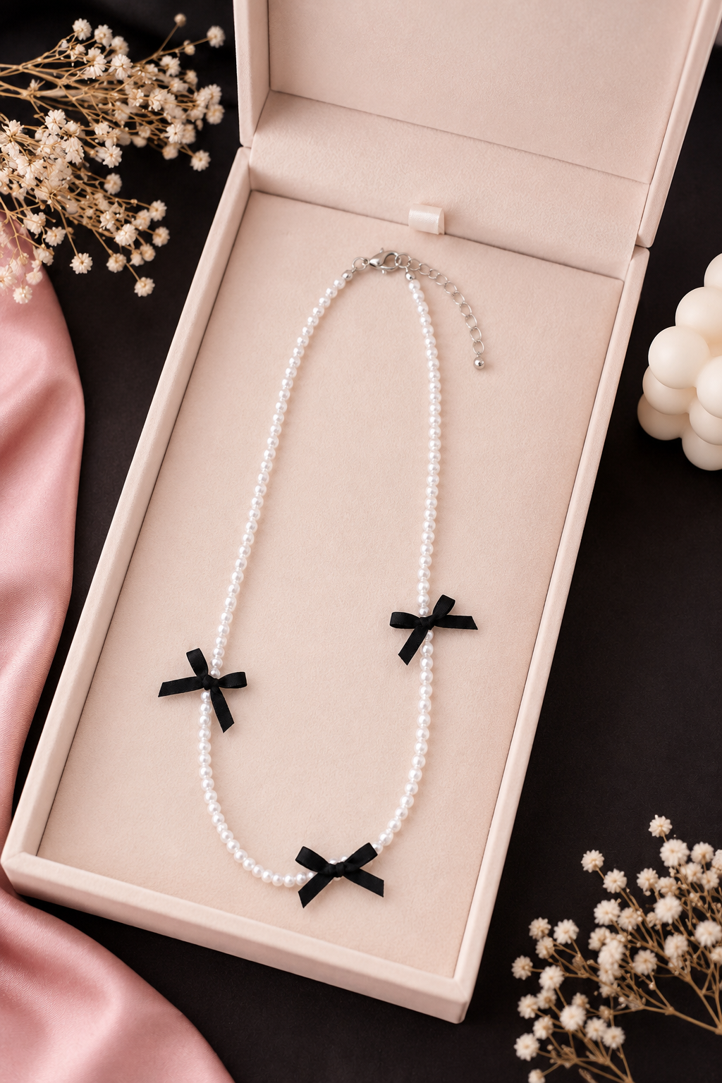 White Pearl Beaded Necklace with Black Bow Charms