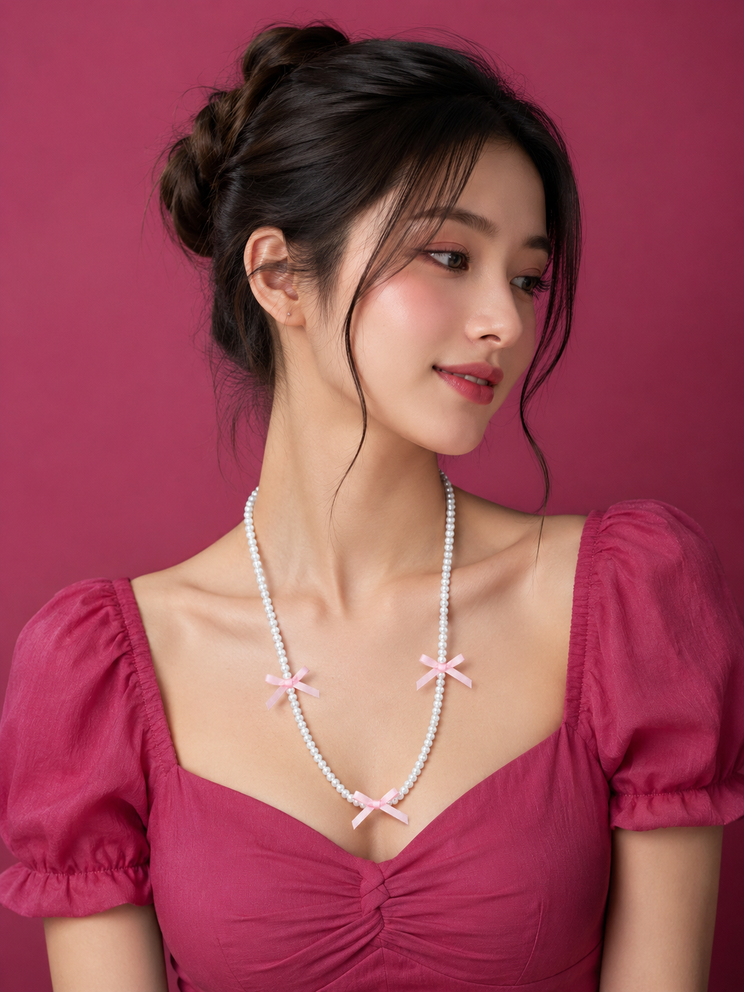 White Pearl Beaded Necklace with Pink Bow Charms