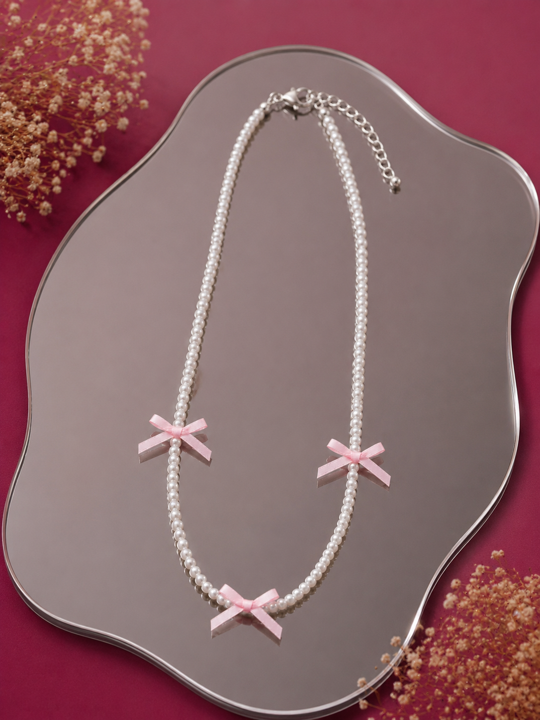 White Pearl Beaded Necklace with Pink Bow Charms
