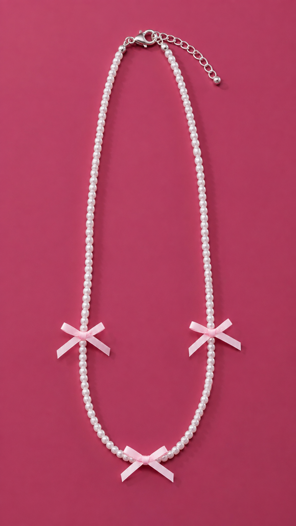 White Pearl Beaded Necklace with Pink Bow Charms