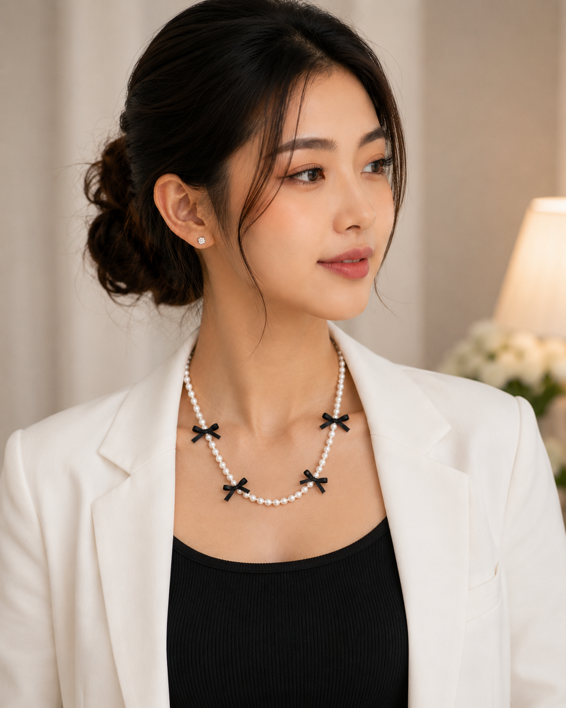 Elegant Pearl Necklace with Black Bow Charms for Women