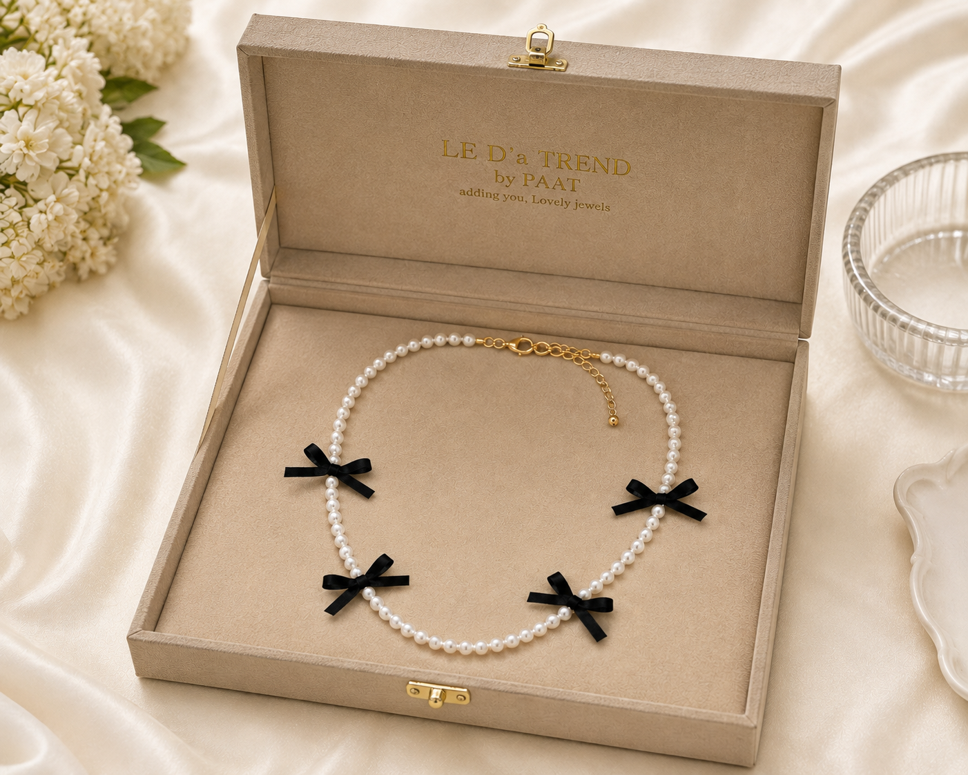 Elegant Pearl Necklace with Black Bow Charms for Women