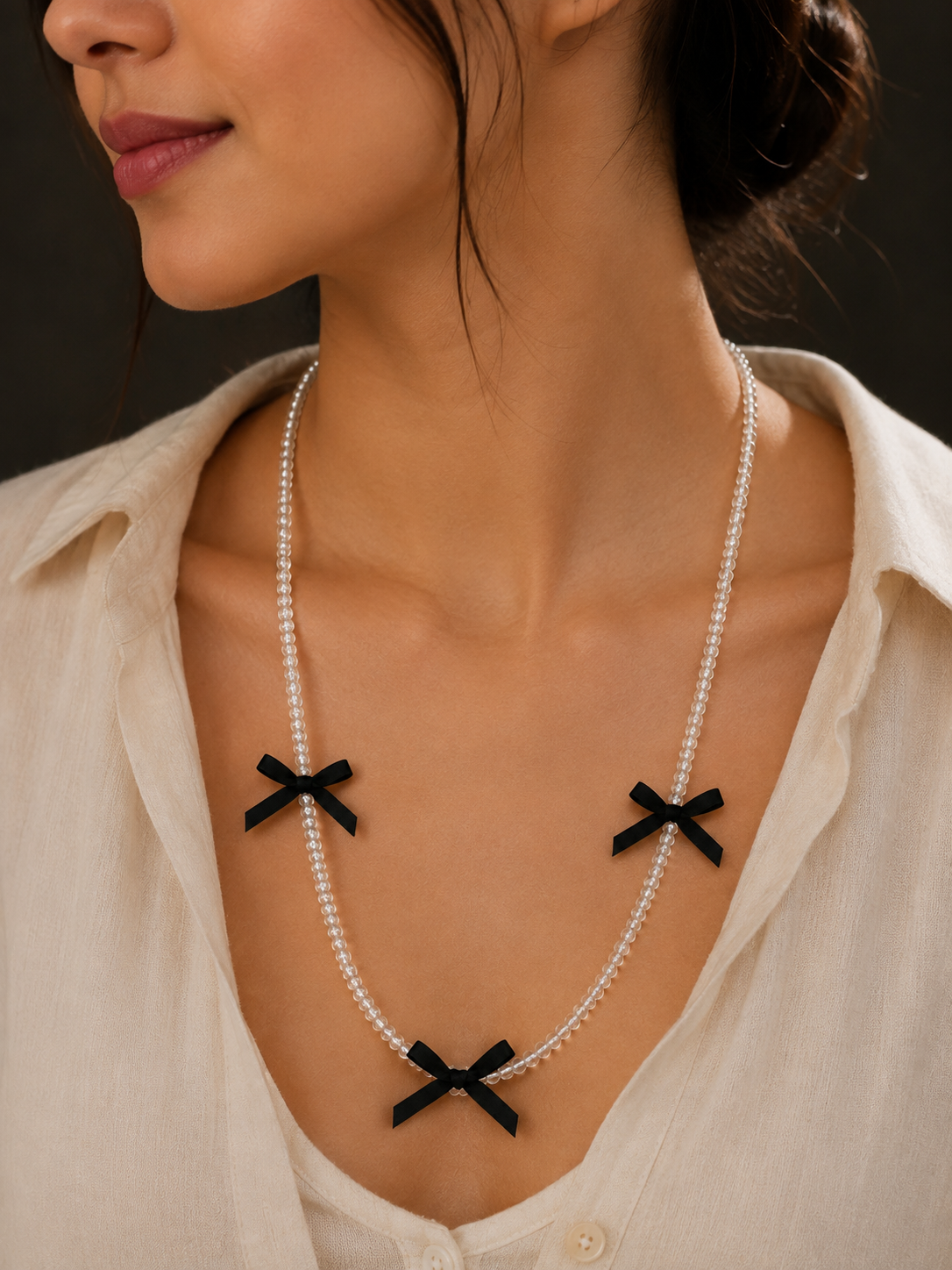 Clear Crystal Beaded Necklace with Black Bow Charms