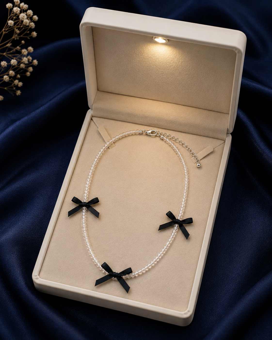 Clear Crystal Beaded Necklace with Black Bow Charms