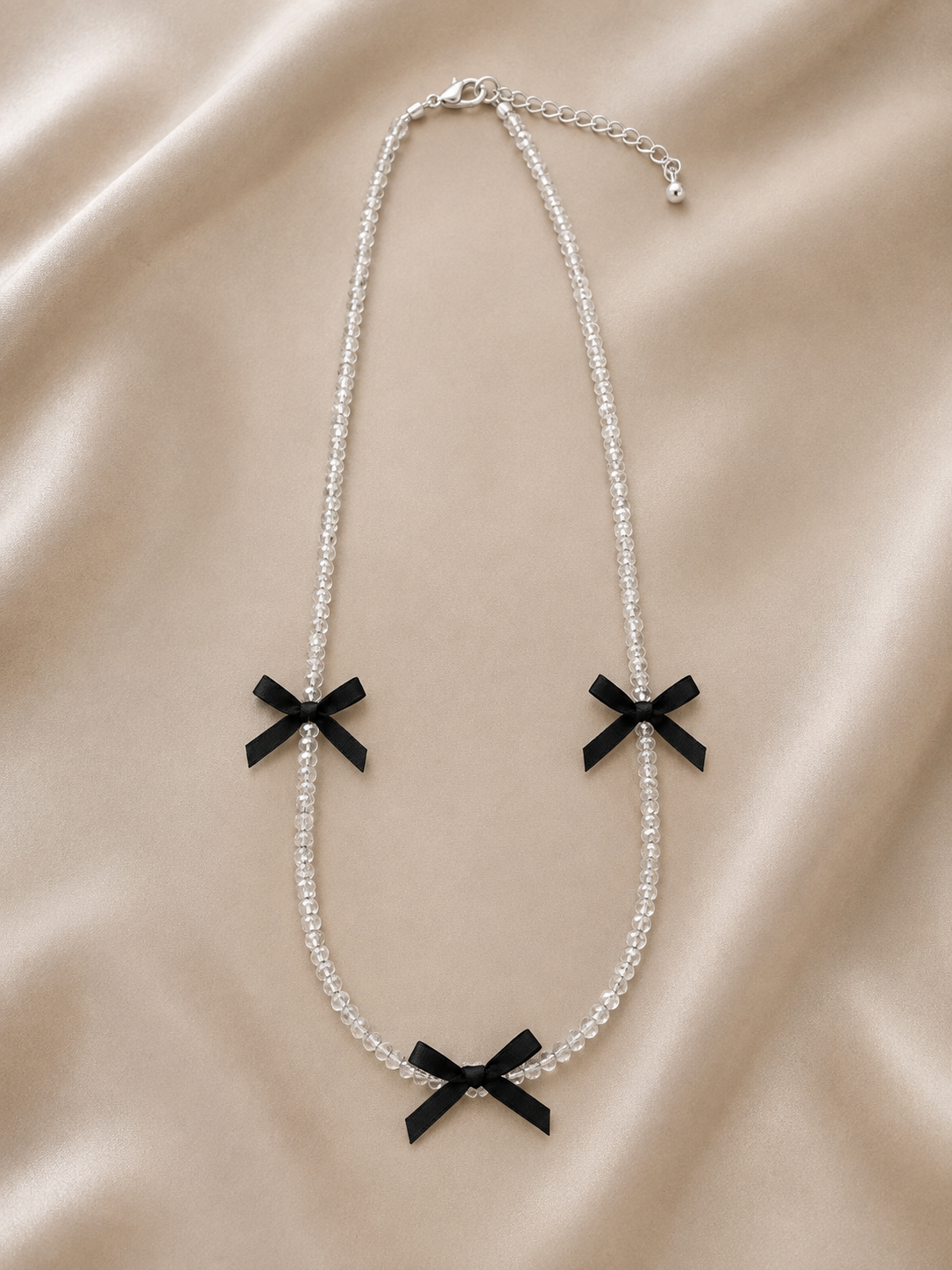 Clear Crystal Beaded Necklace with Black Bow Charms