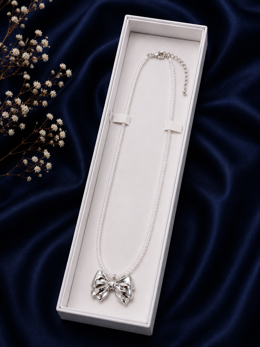 Clear Crystal Beaded Necklace with Silver Bow Pendant