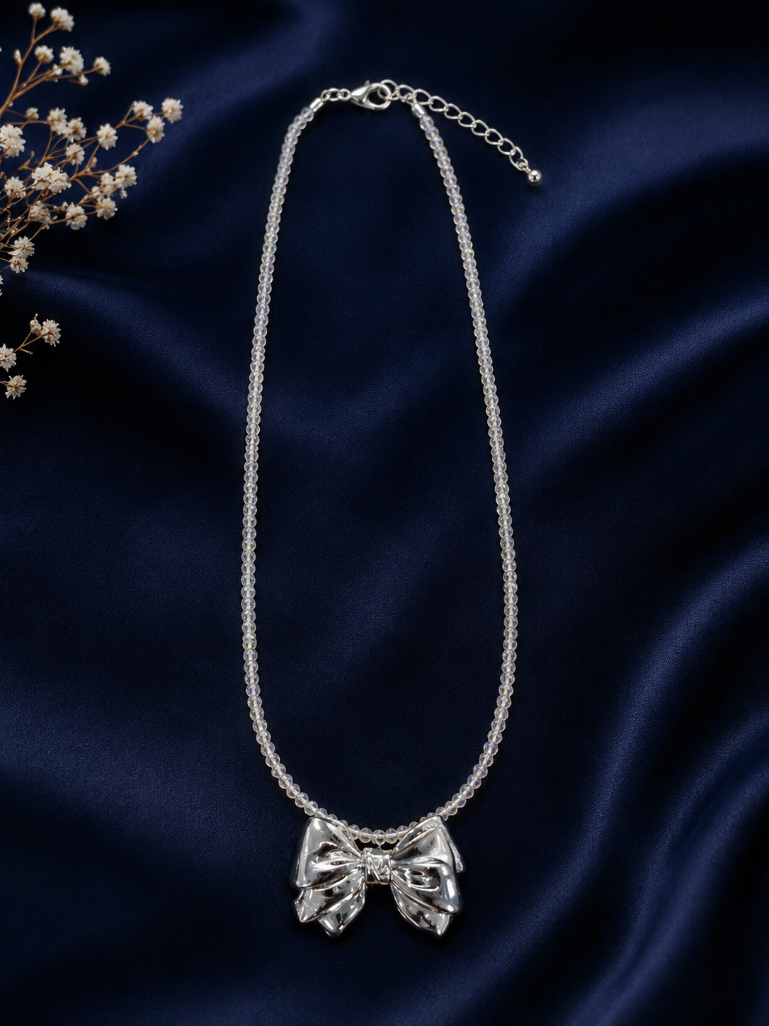 Clear Crystal Beaded Necklace with Silver Bow Pendant
