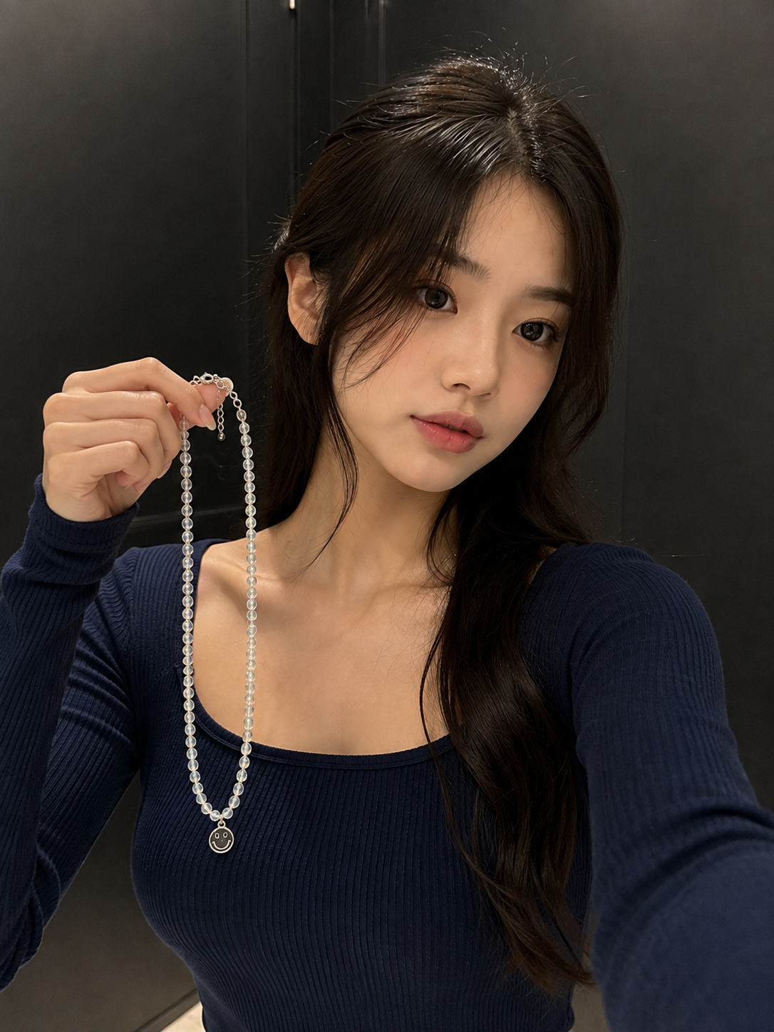 Clear Crystal Beaded Short Necklace with Smiley Pendant