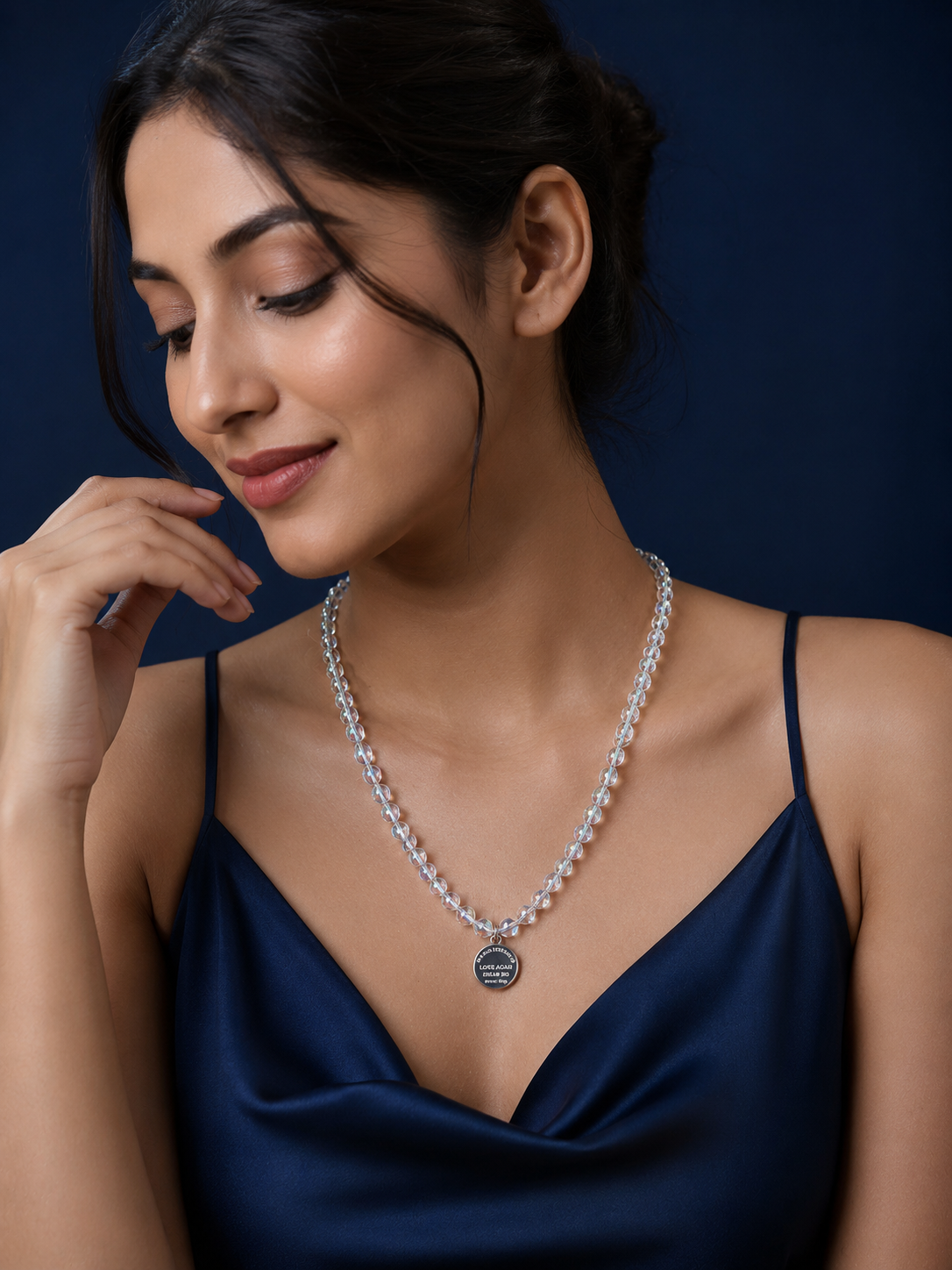 Iridescent Crystal Beaded Short Necklace with Round Pendant