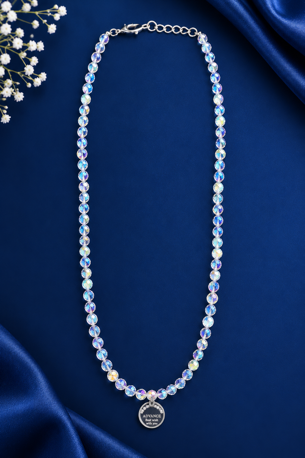Iridescent Crystal Beaded Short Necklace with Round Pendant
