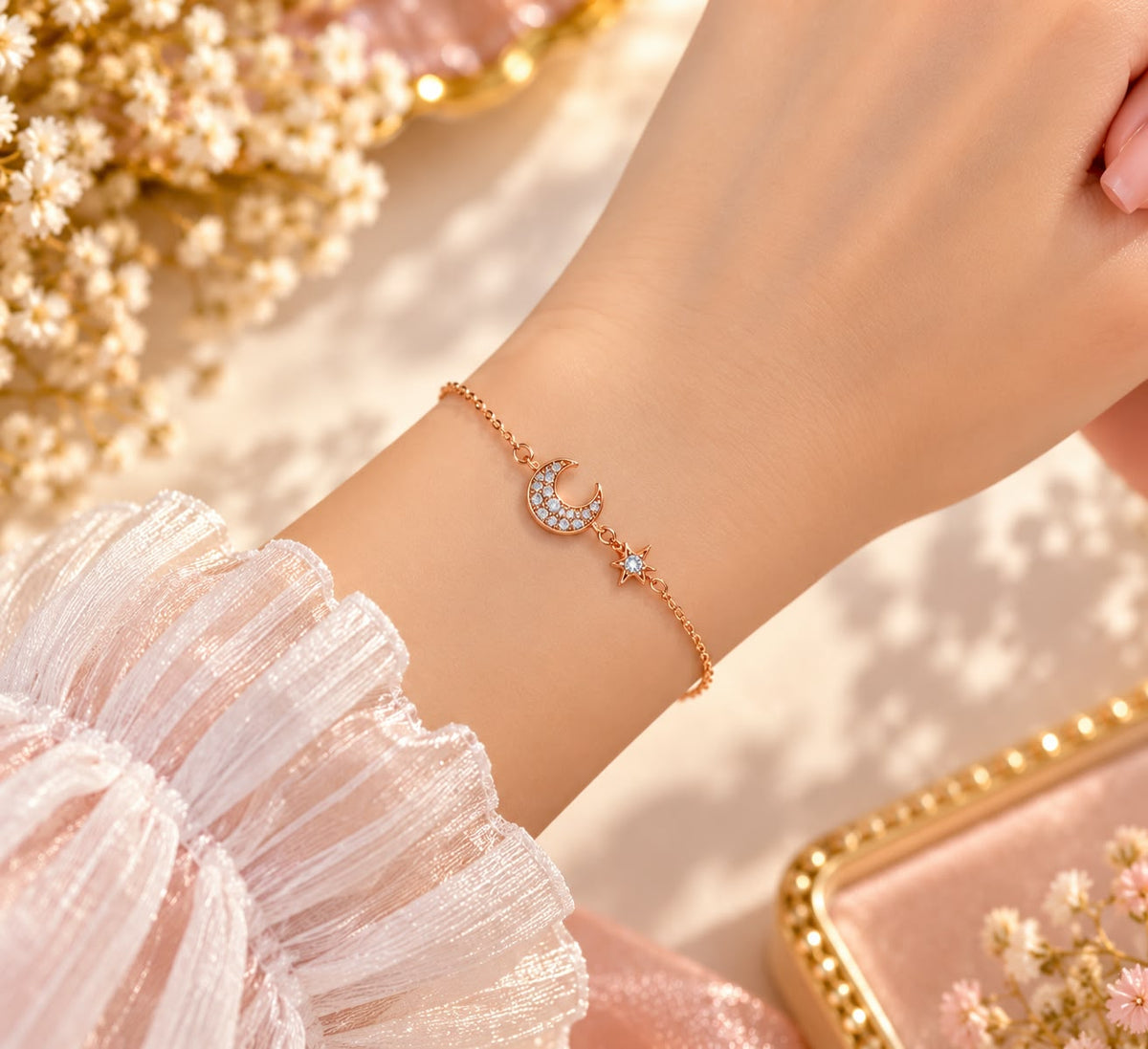 Rose Gold Moon Star Crystal Bracelet