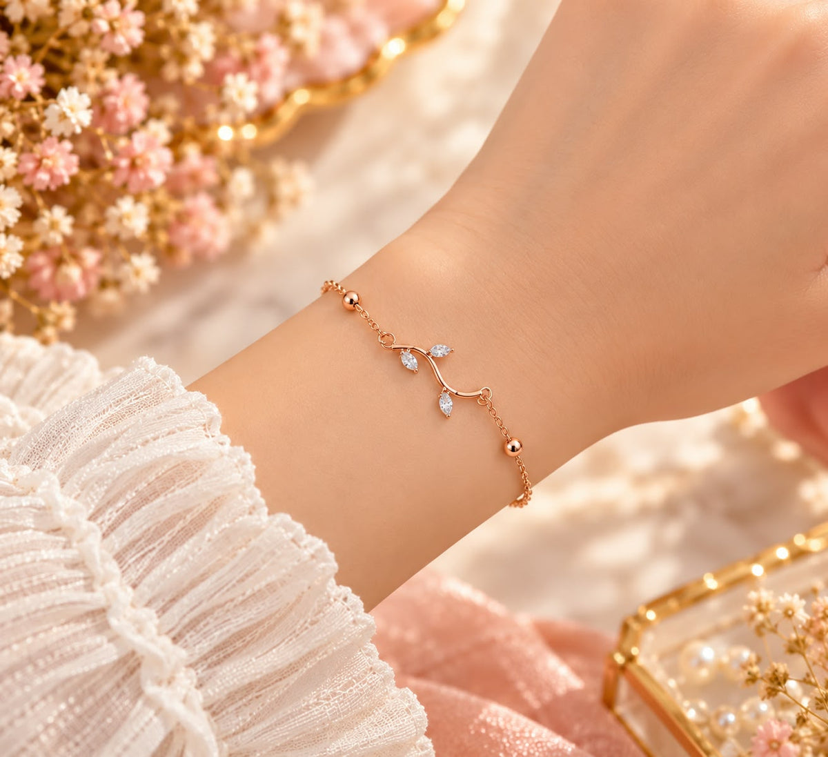 Rose Gold Crystal Leaf Bracelet