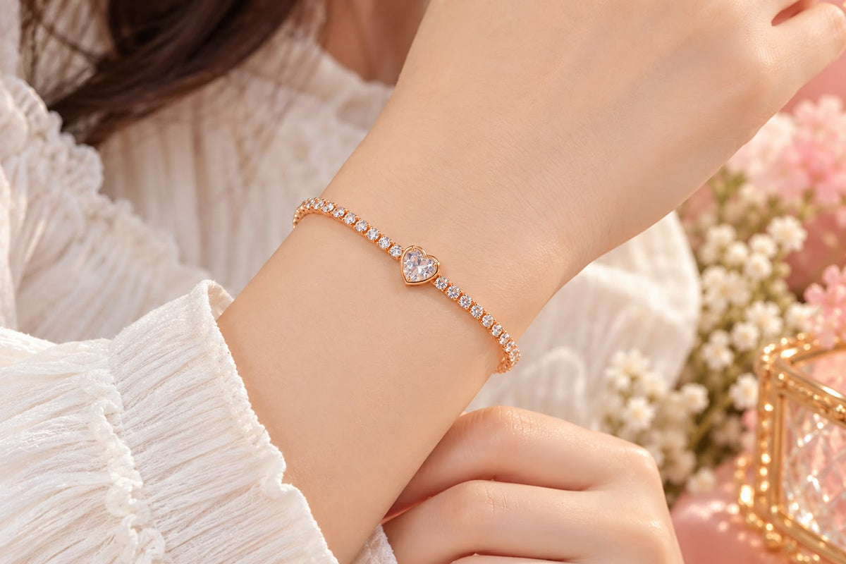 Rose Gold Crystal Heart Tennis Bracelet