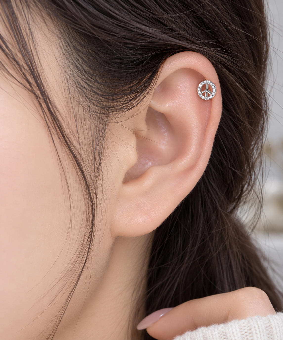 Silver Peace Sign Crystal Piercing Stud