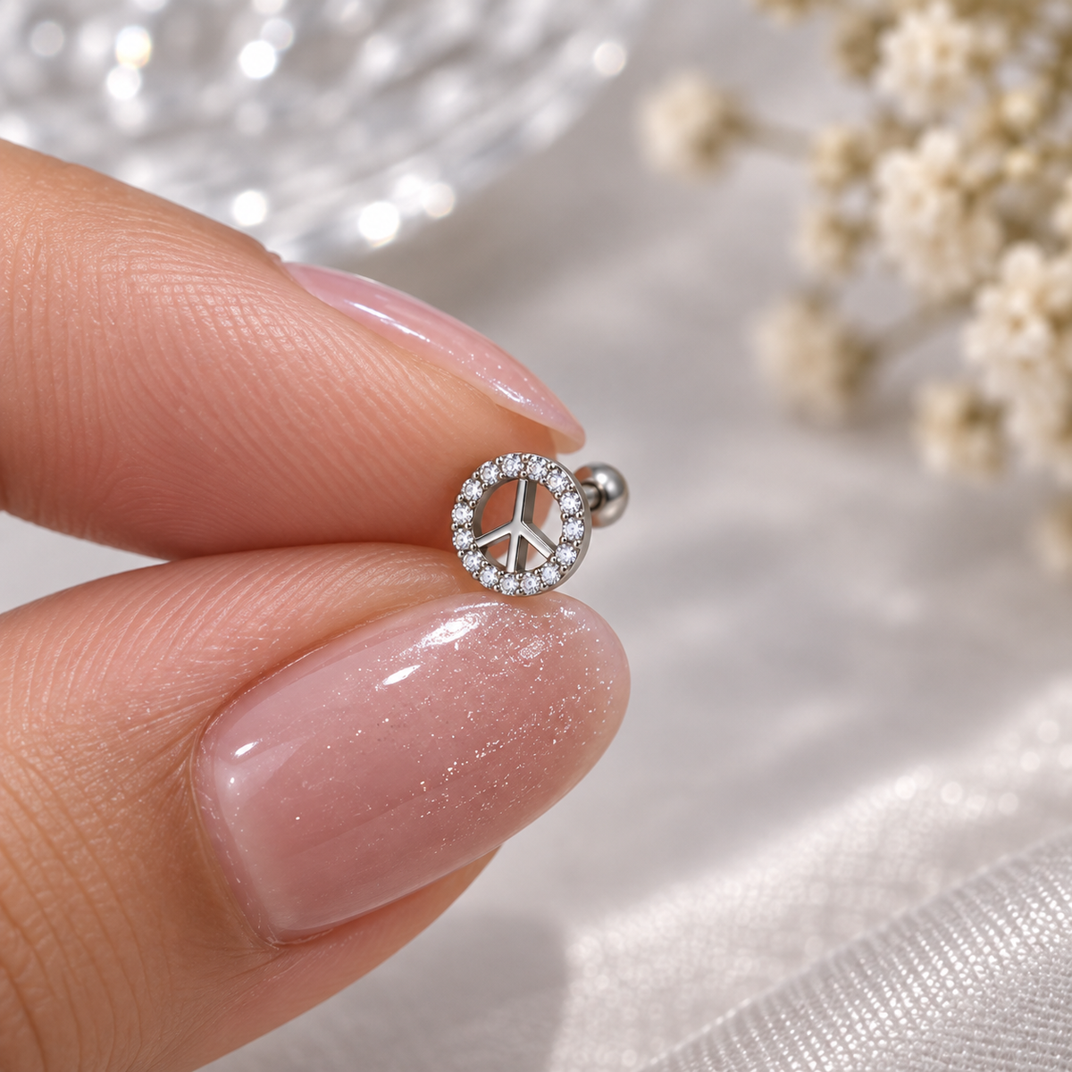 Silver Peace Sign Crystal Piercing Stud