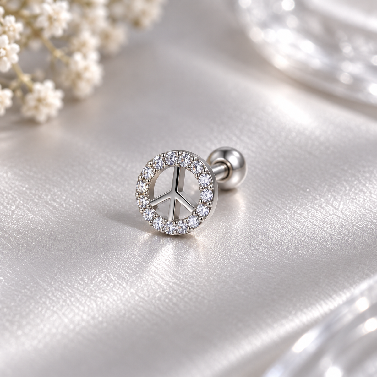 Silver Peace Sign Crystal Piercing Stud