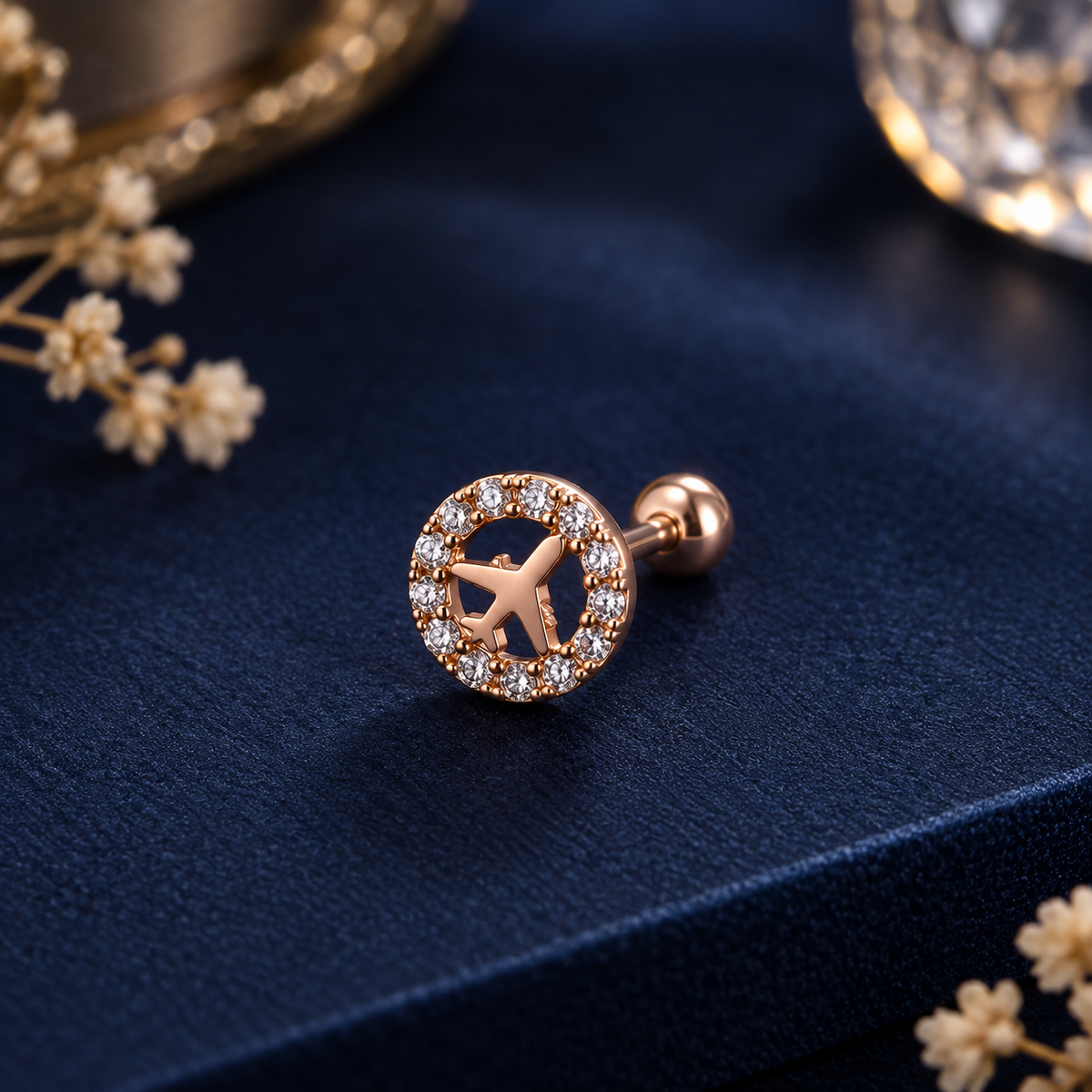 Rose Gold Airplane Crystal Piercing Stud