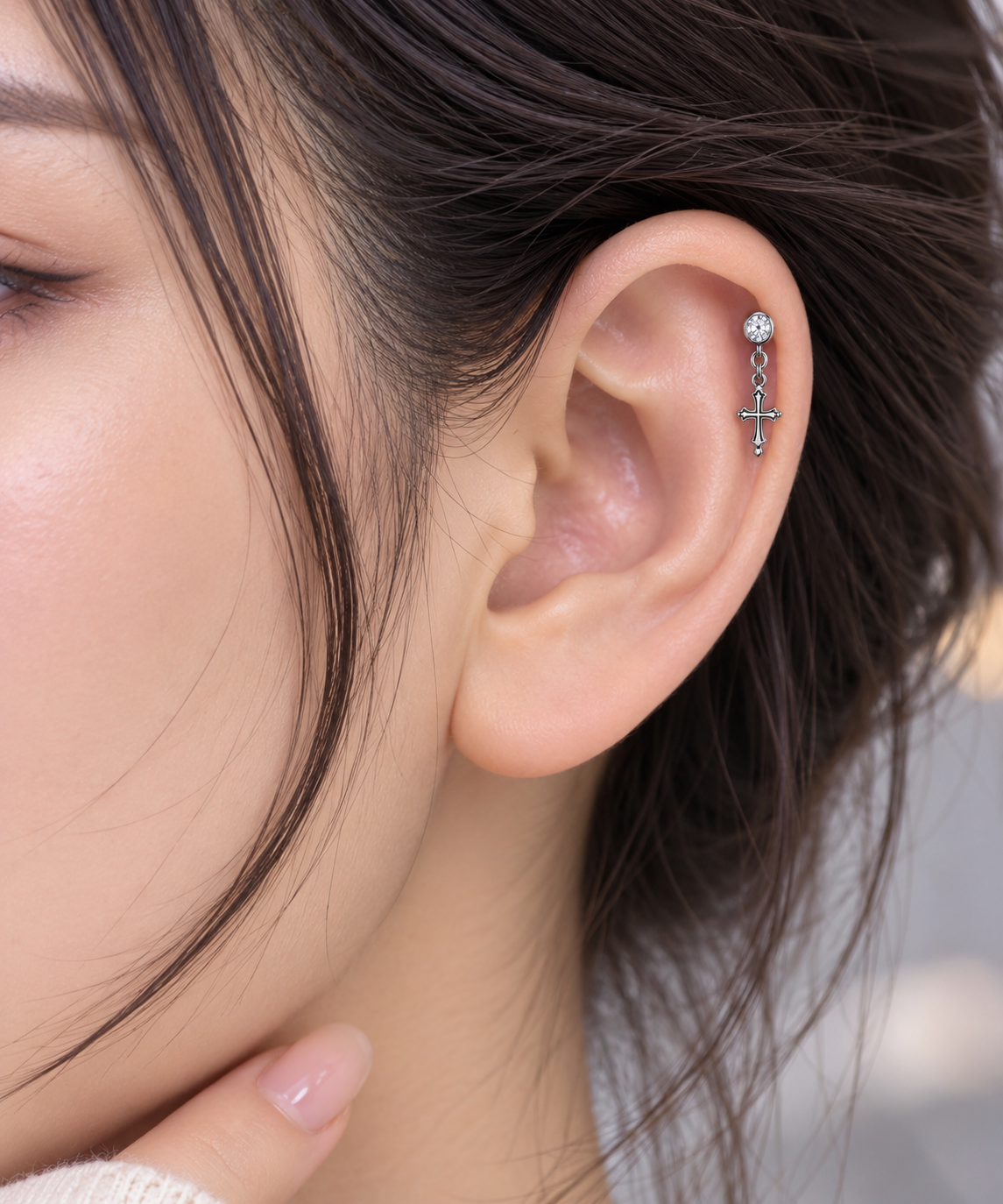 Silver Cross Drop Crystal Piercing Stud