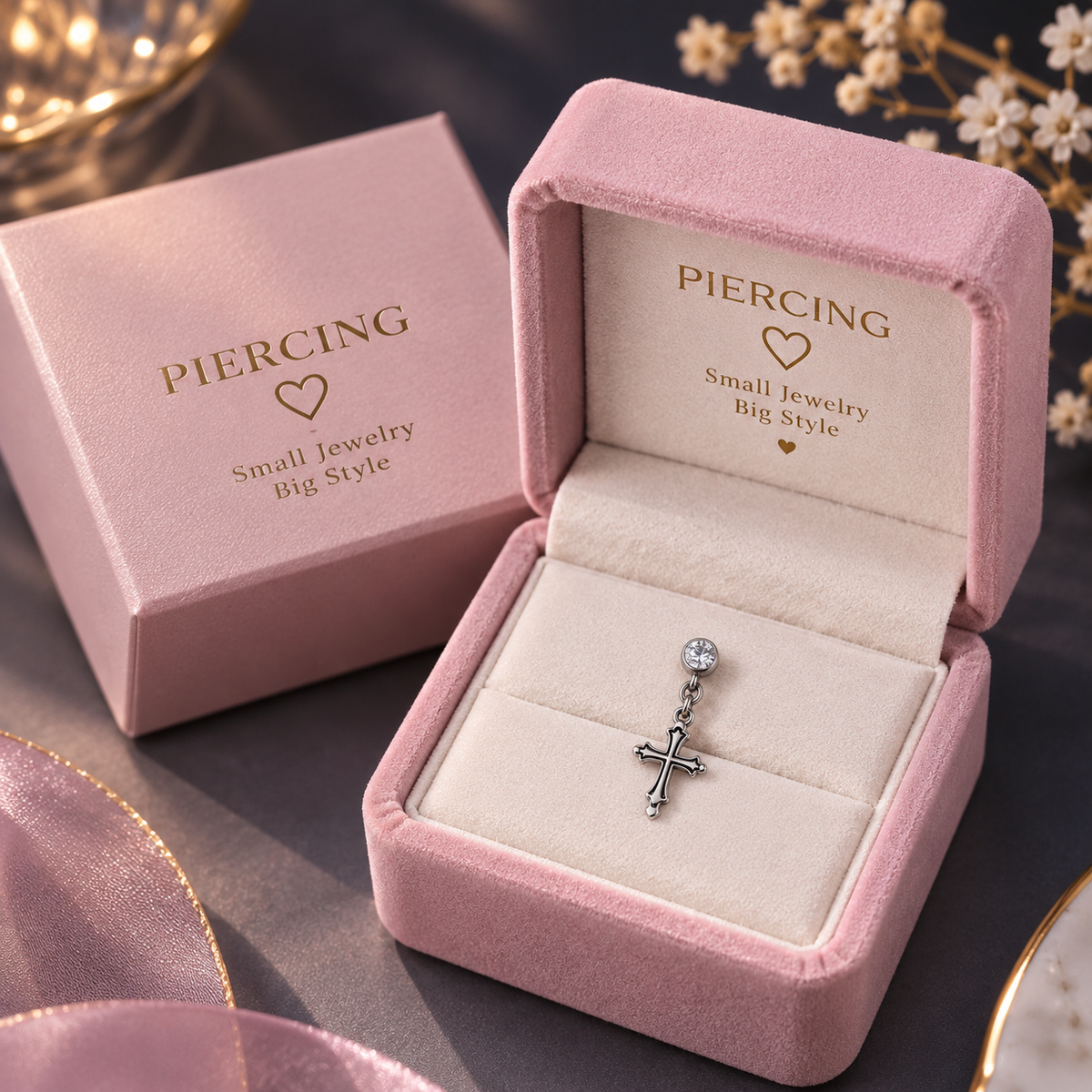 Silver Cross Drop Crystal Piercing Stud